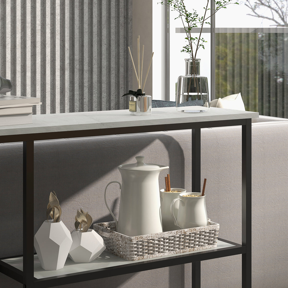 Console meuble 100 cm, table console 3 niveaux, plateaux en effet marbre, cadre en acier, blanc-7