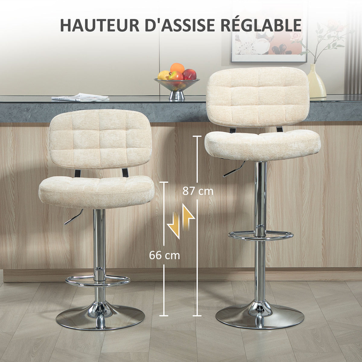 Lot de 2 tabourets de bar avec dossier, hauteur réglable et repose-pieds, cadre en acier, charge 120 Kg, beige-4