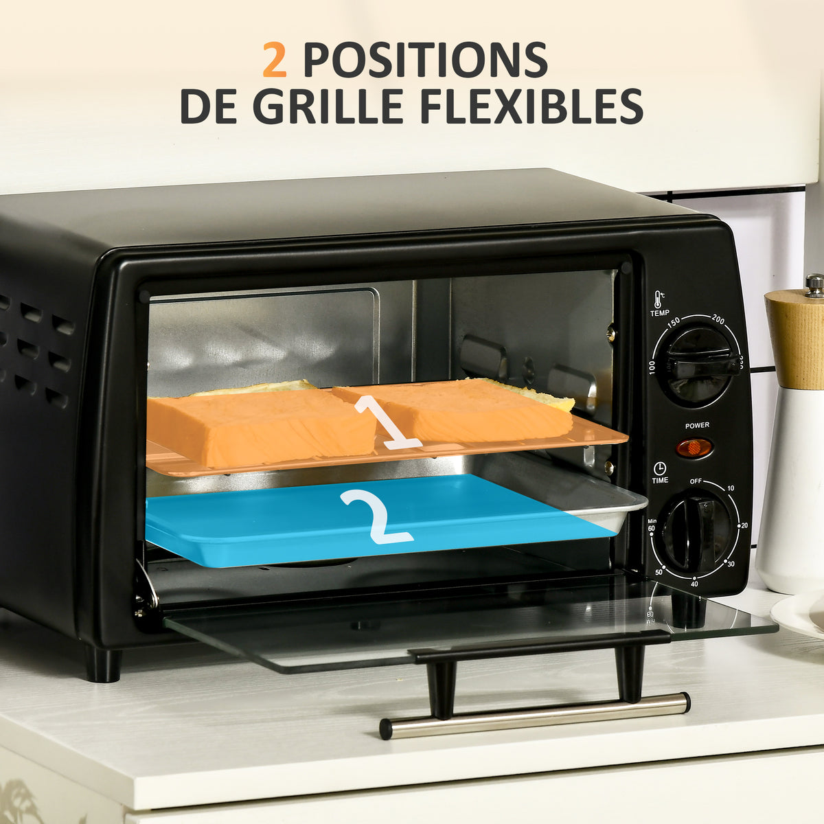 Mini four électrique 10L 1 grille et 1 plateau température réglable de 100°C à 230°C Minuteur 60 min 36,5x26x22 cm Noir-4
