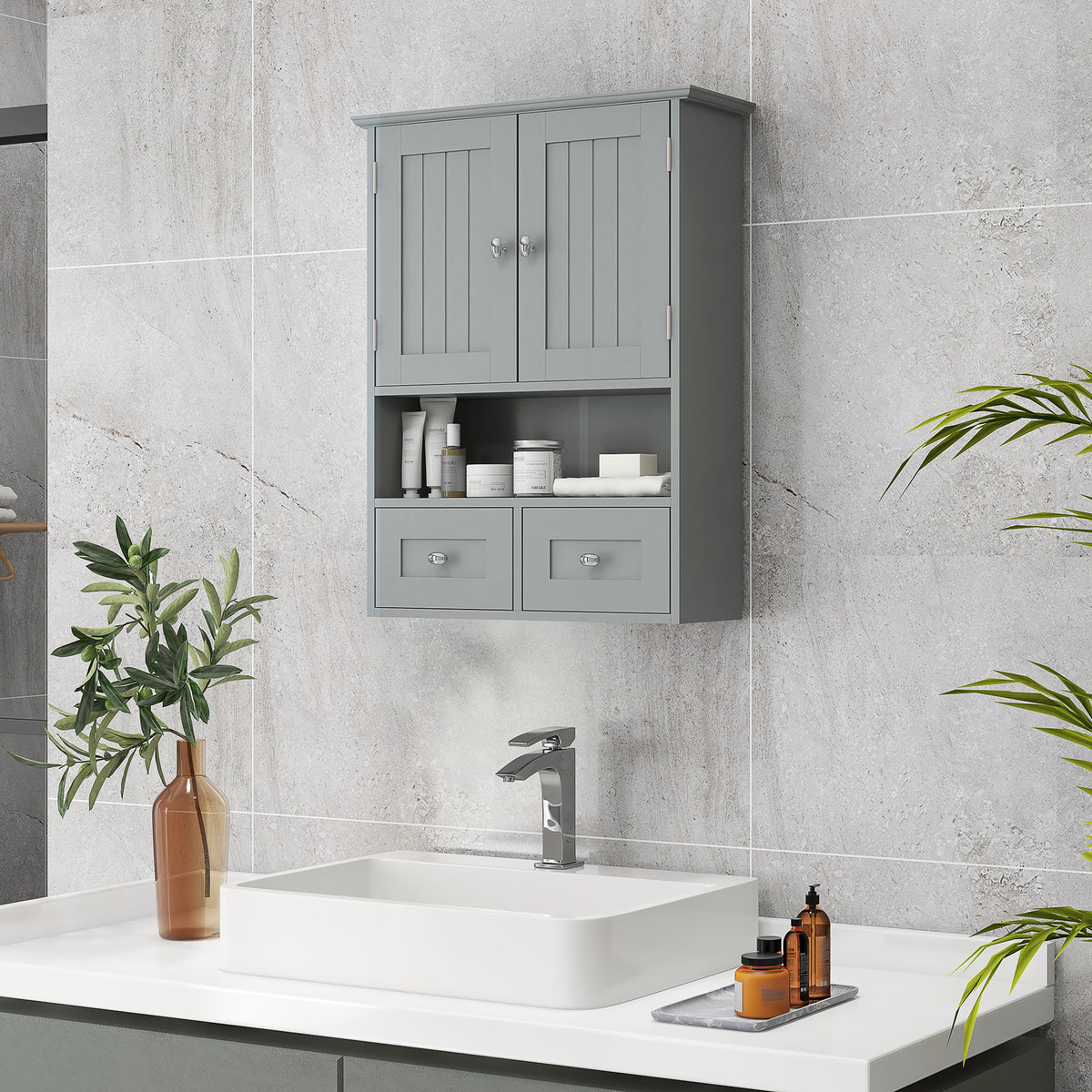 Armoire murale de salle de bain, armoire de toilette, avec portes, étagère, 2 tiroirs, 50,8l x 17,8P x 66H cm, gris-1