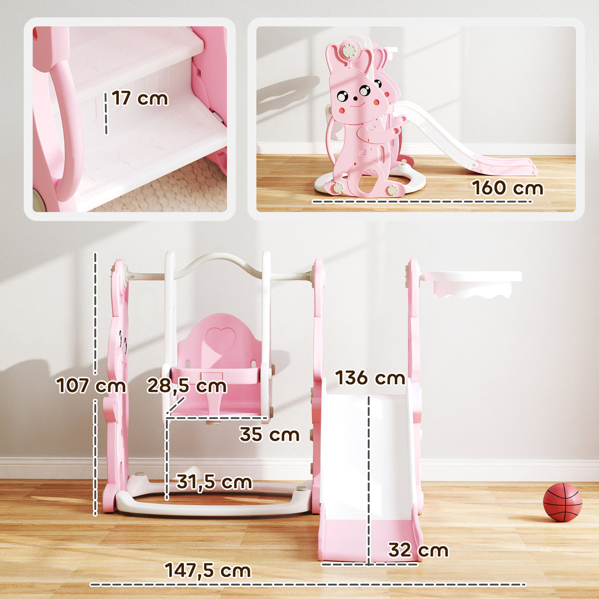 Toboggan et balançoire pour enfants 4 en 1 avec panier de basket, toboggan, balançoire, 147,5x160x107cm, rose-2