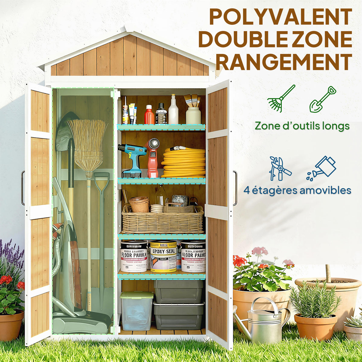 Armoire de Jardin Abri de Jardin Étanche avec Toit en Métal Double Porte pour Outils de Jardinage 105x55x179cm Naturel-3