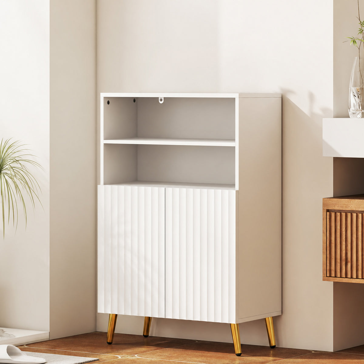 Meuble salle de bain, armoire salle de bain étroit 5 niveaux, portes cannelées à fermeture douce 60 x 31,8 x 93 cm blanc-1