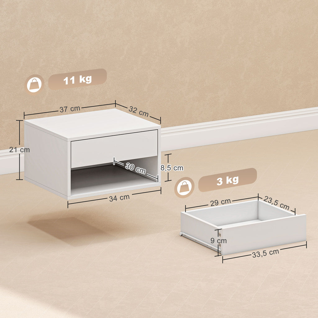 Lot de 2 tables de chevet murales, tables de nuit, tiroir, compartiment ouvert, plateau, 37 x 32 x 21 cm, blanc-2