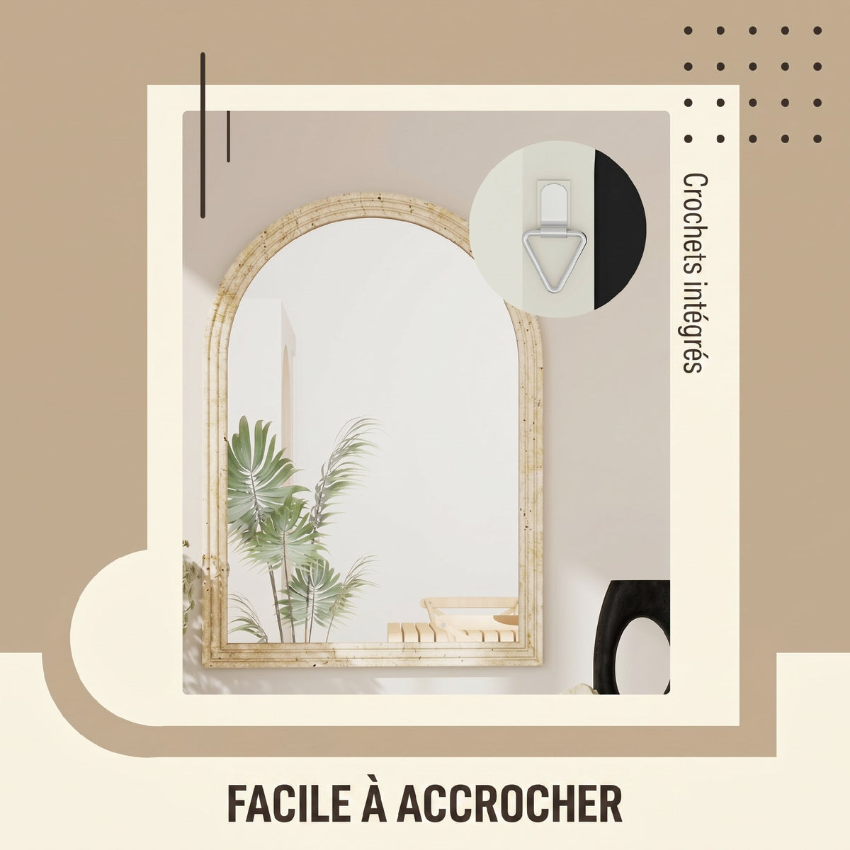 Miroir Mural Arqué, Miroir Moderne avec Bord Rainuré et Crochets, Verre Trempé et Polystyrène, 60 x 90 cm, Beige-4