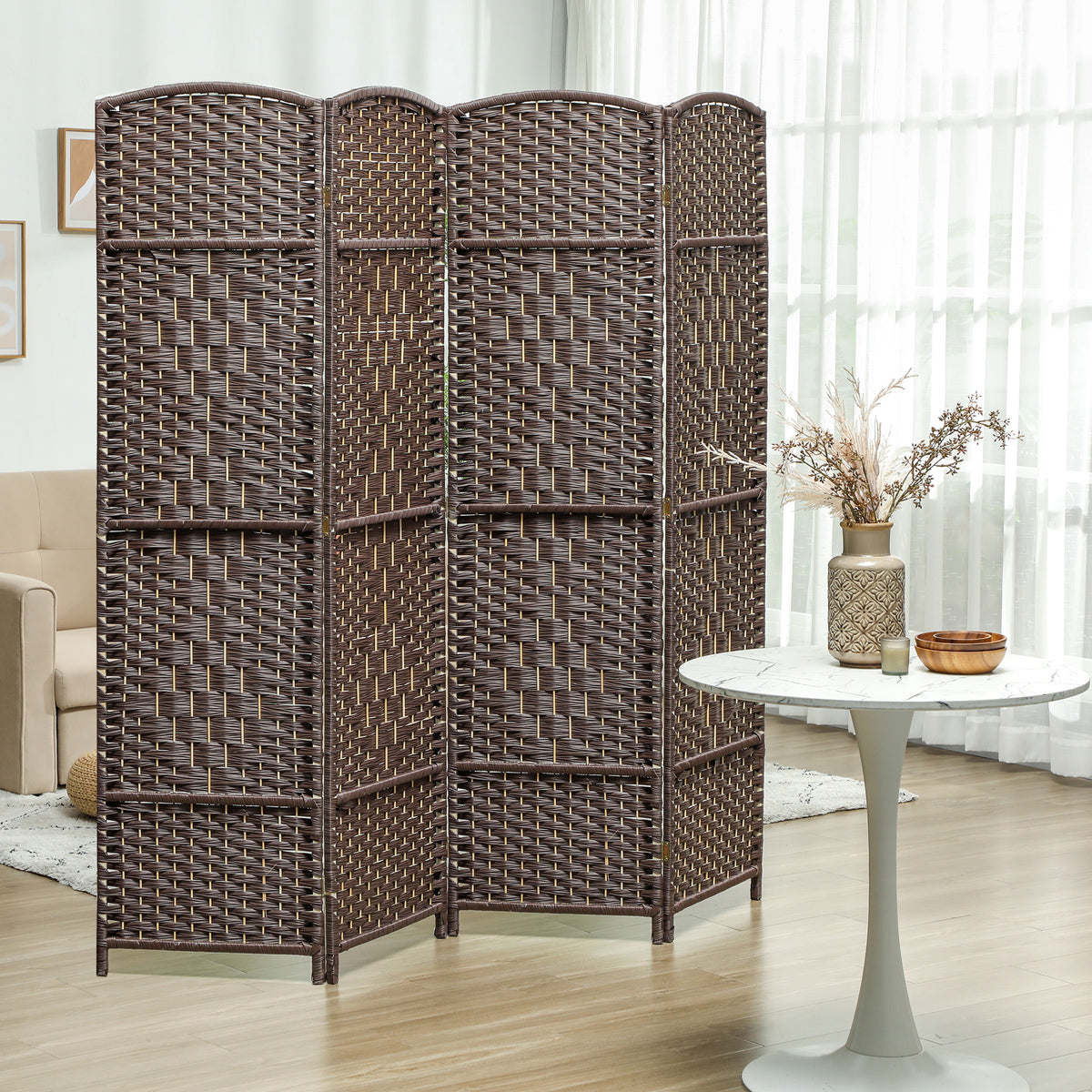Paravent intérieur en bois 4 panneaux séparateur de pièce pliable pour salon chambre 180 x 180 cm marron-1