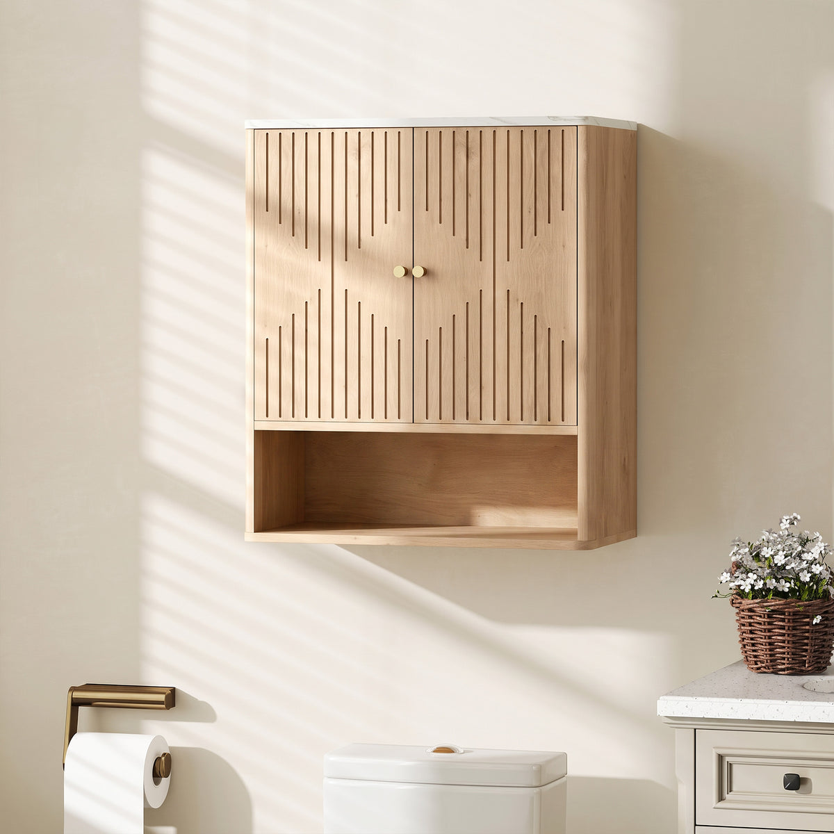 Armoire murale de salle de bain, meuble de rangement avec compartiment ouvert et étagère réglable, 60 x 18 x 70 cm chêne-1