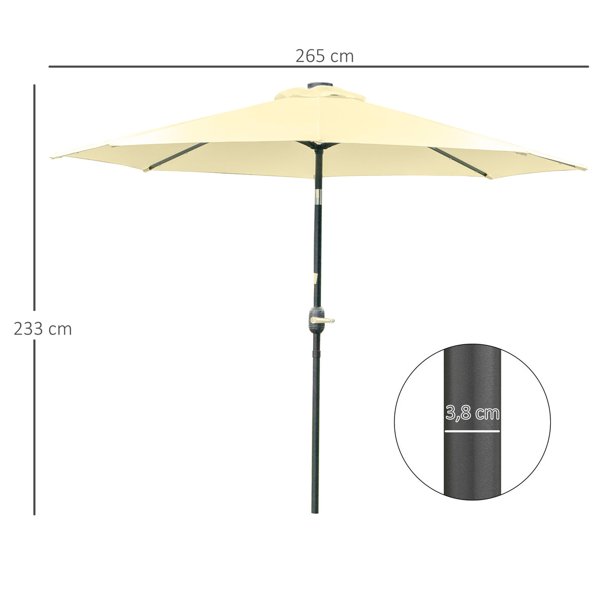 Parasol de Jardin Extérieur Rond Ø 265 cm, Lumières LED Solaires, Manivelle Inclinable, Mât en Acier, 8 Baleines, Beige-2