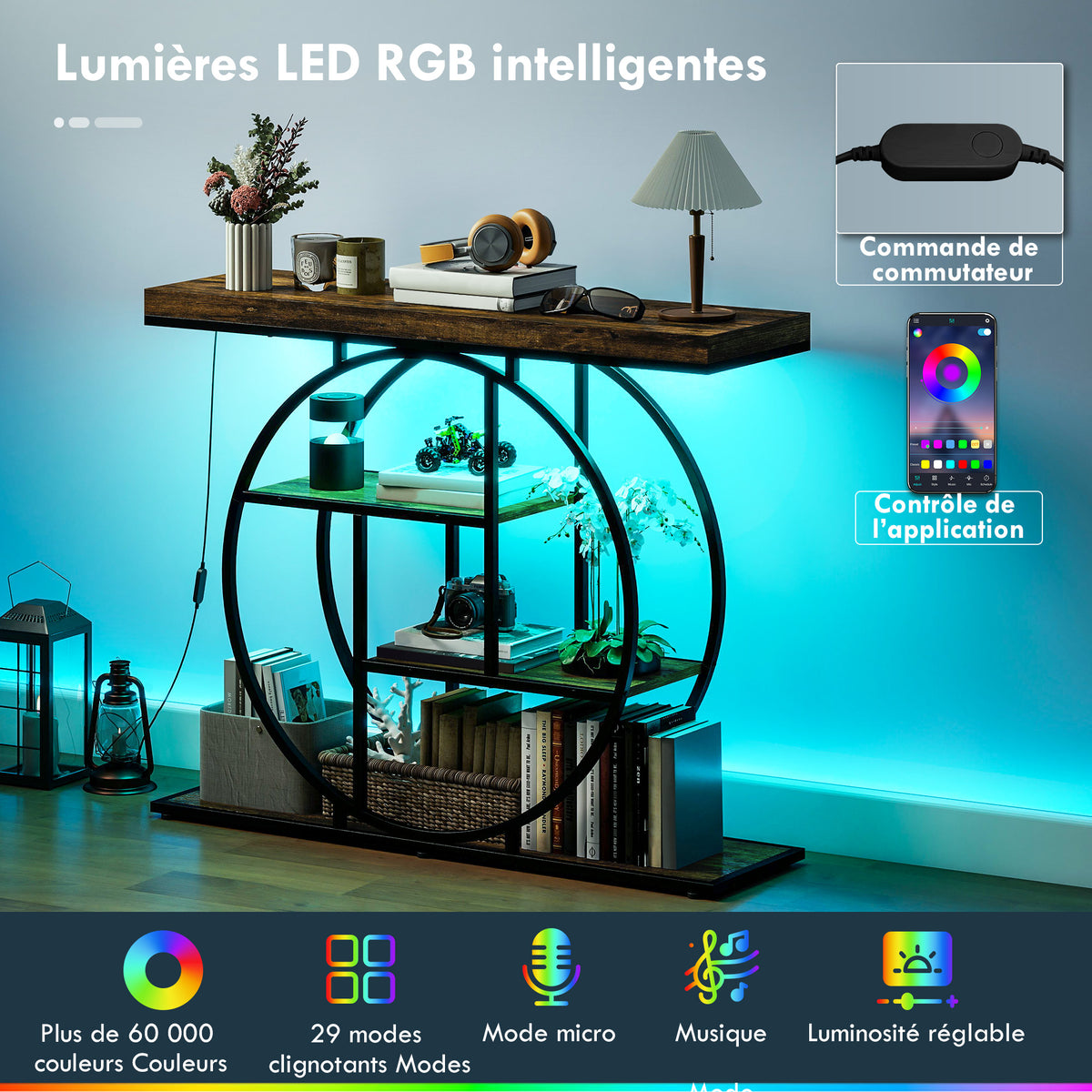 Console meuble avec éclairage LED 100 cm, table console à 4 niveaux avec étagères ouvertes, marron rustique et noir-3