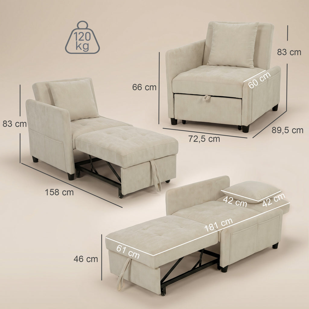 Fauteuil Convertible 1 Place, Fauteuil-Lit Clic-Clac 4 en 1 Rembourré en Chenille, Dossier Réglable, Assise Large, Beige-2