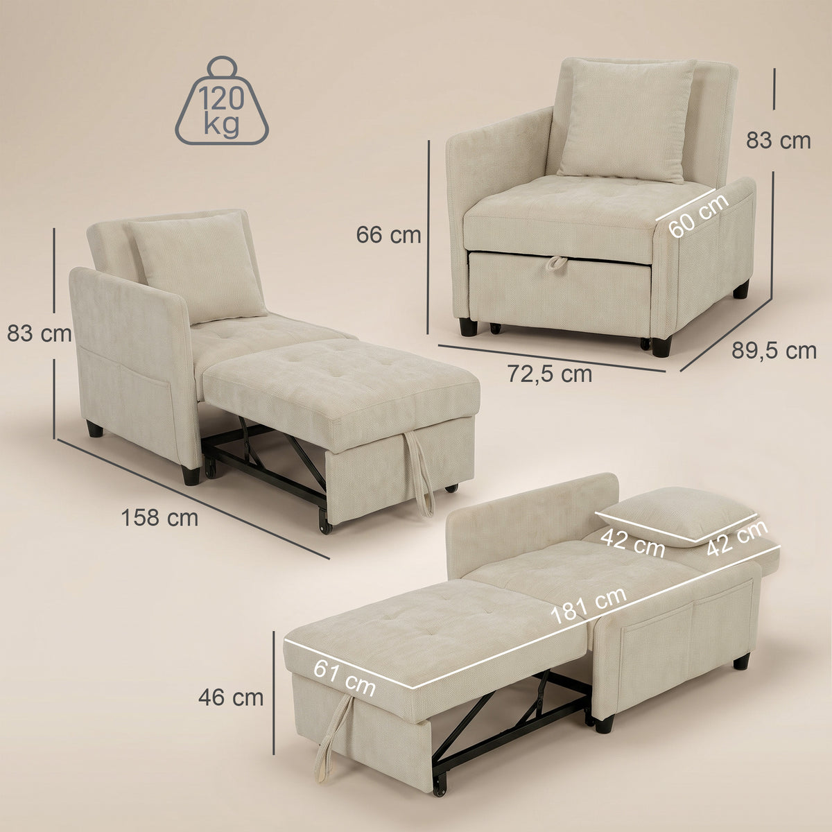 Fauteuil Convertible 1 Place, Fauteuil-Lit Clic-Clac 4 en 1 Rembourré en Chenille, Dossier Réglable, Assise Large, Beige-2