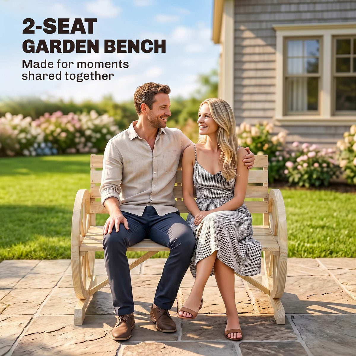 Banc de Jardin banc 3 places en bois Style Rustique Chic accoudoirs Roues Charette Bois Sapin effet bois naturel-8