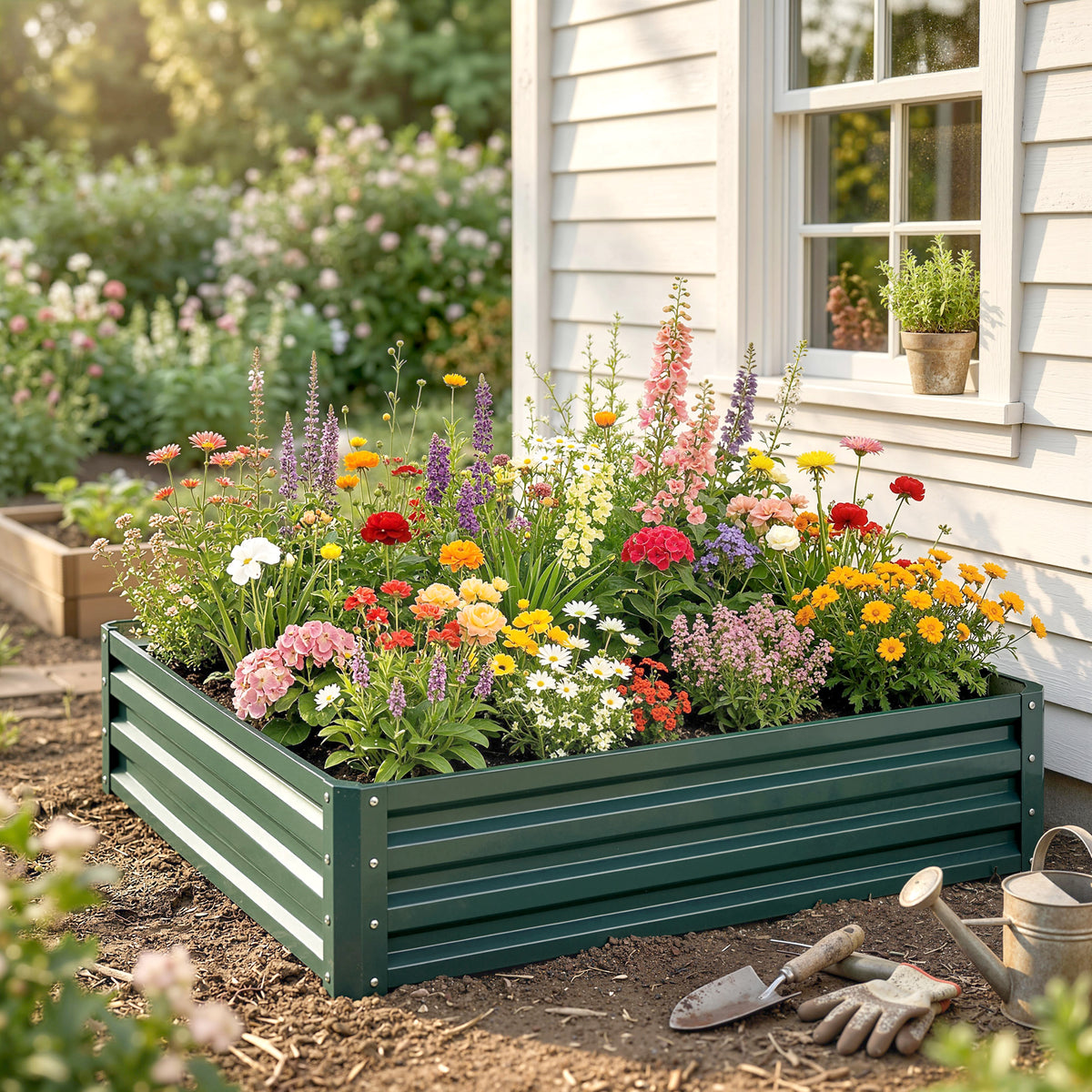 Carré potager de jardin tôle d'acier ondulée 120 x 120 x 30 cm vert foncé-7