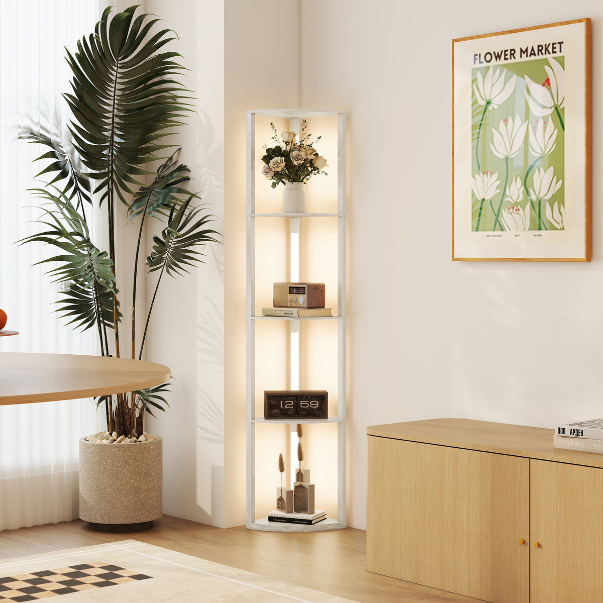 Lampadaire sur Pied Salon, Lampadaire avec Étagères d'Angle à 4 Niveaux, Lampe LED Dimmable, 41x29,5x163,5cm, Chêne-9