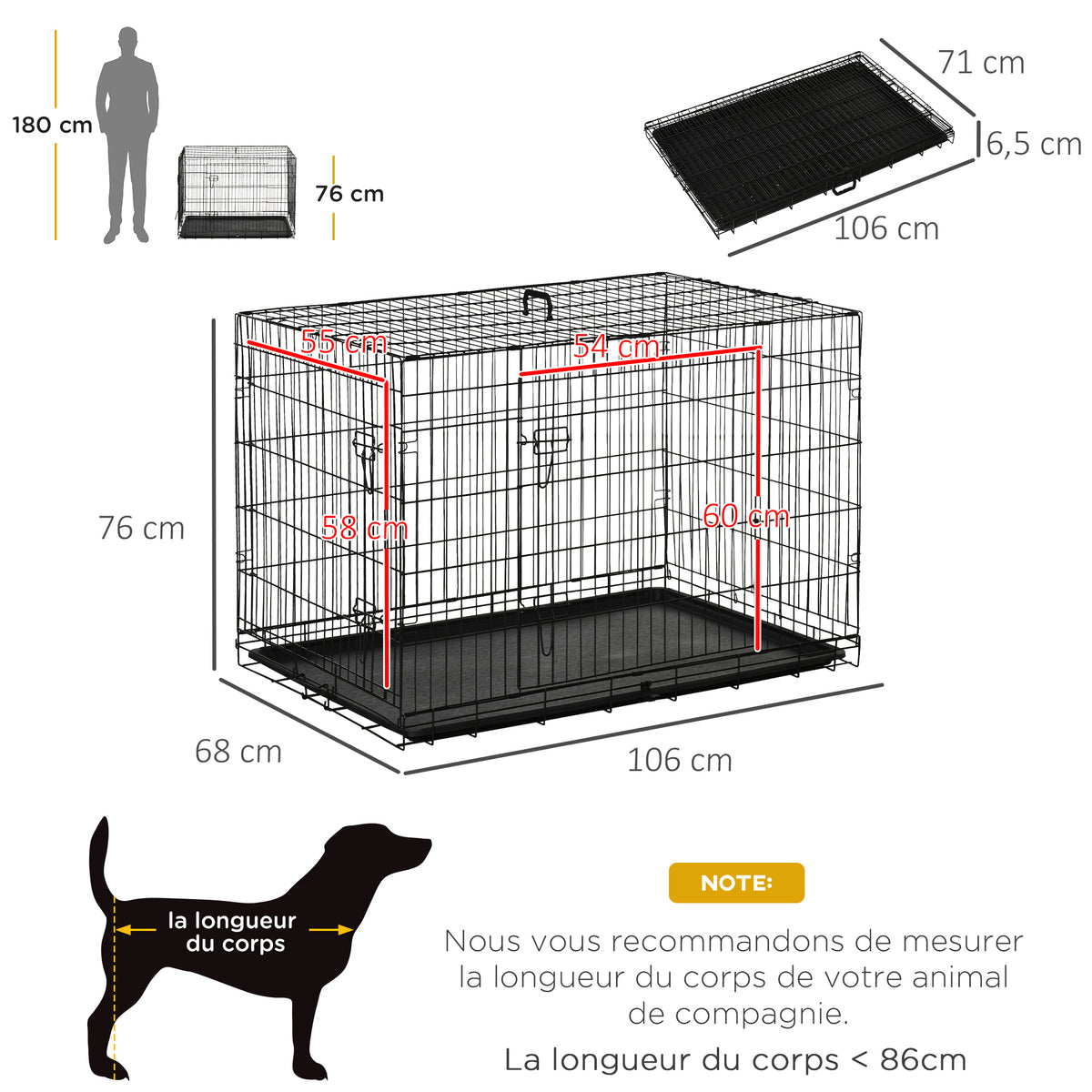 Cage caisse de transport pliante pour chien en acier 2 portes verrouillables 106L x 71,5l x 76H cm noir-2