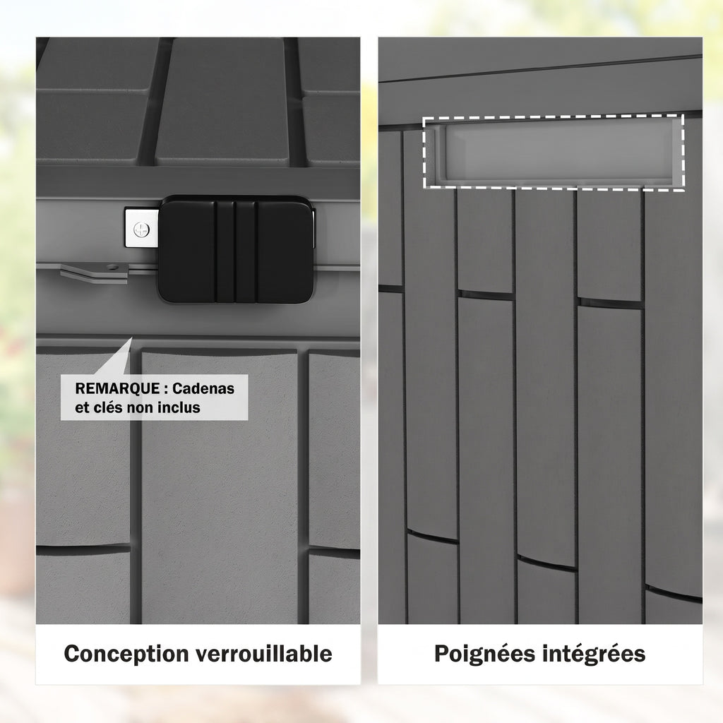 Coffre de Rangement Extérieur 379 L Verrouillable avec Vérin à Gaz, Aspect Bois, 122,5x56x62cm, Gris-5