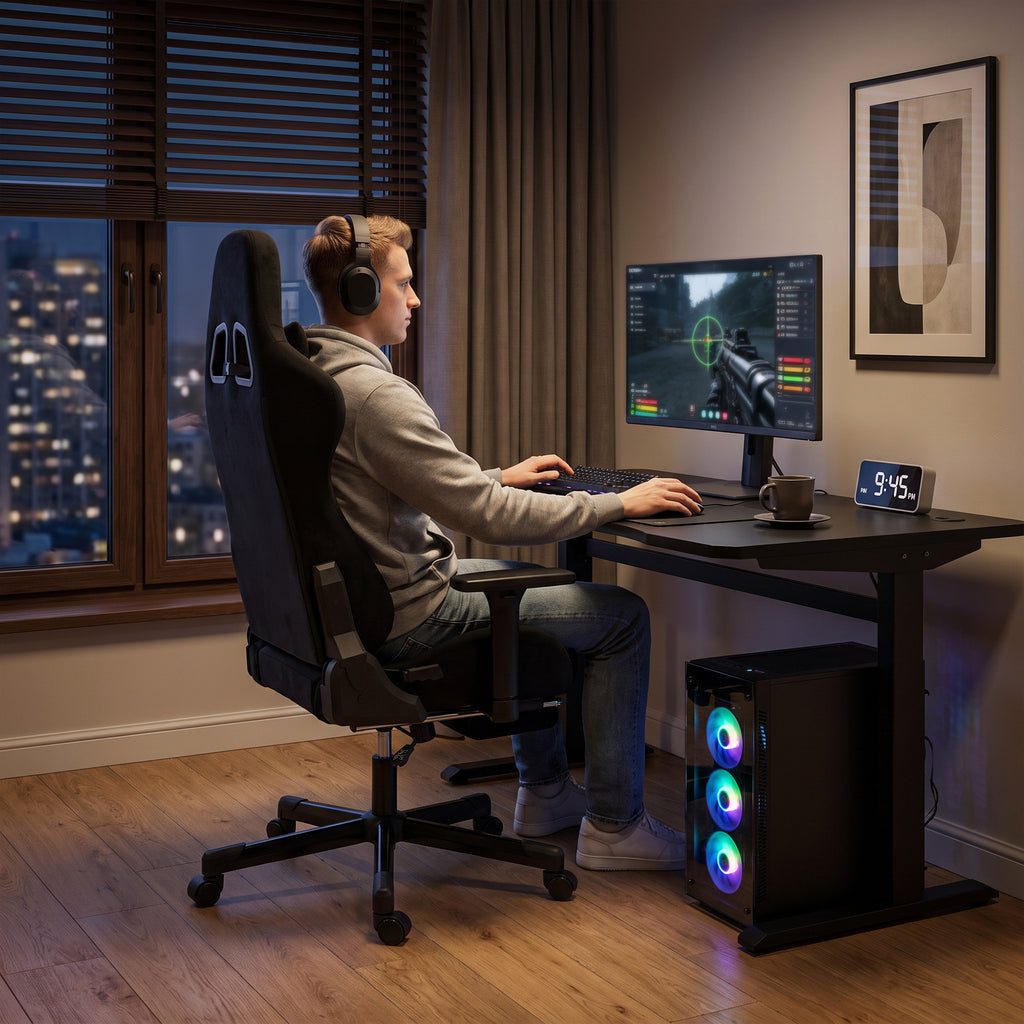 Chaise Gaming Ergonomique Massante et Coussin Lombaire Chauffant, Fauteuil Gaming Inclinable en Lin, Accoudoirs 3D, Noir-8