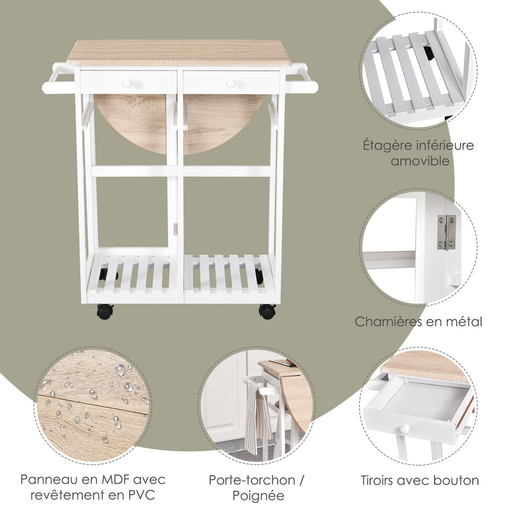 Ensemble Table de Bar Pliable sur roulettes avec étagère et 2 tiroirs + 2 tabourets Bois pin MDF Blanc chêne Clair-5