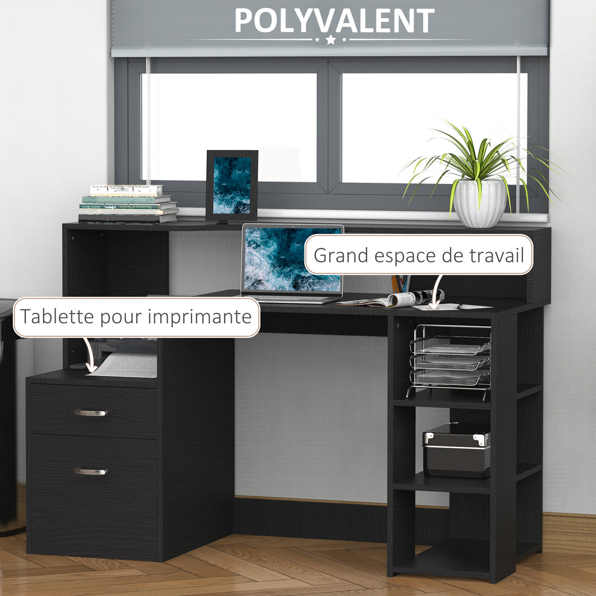 Bureau informatique avec 2 tiroirs, bureau avec rangement, 137 x 55 x 92 cm, étagères ouvertes et tablette d'imprimante, style moderne, table d'ordinateur pour chambre, studio, noir-3