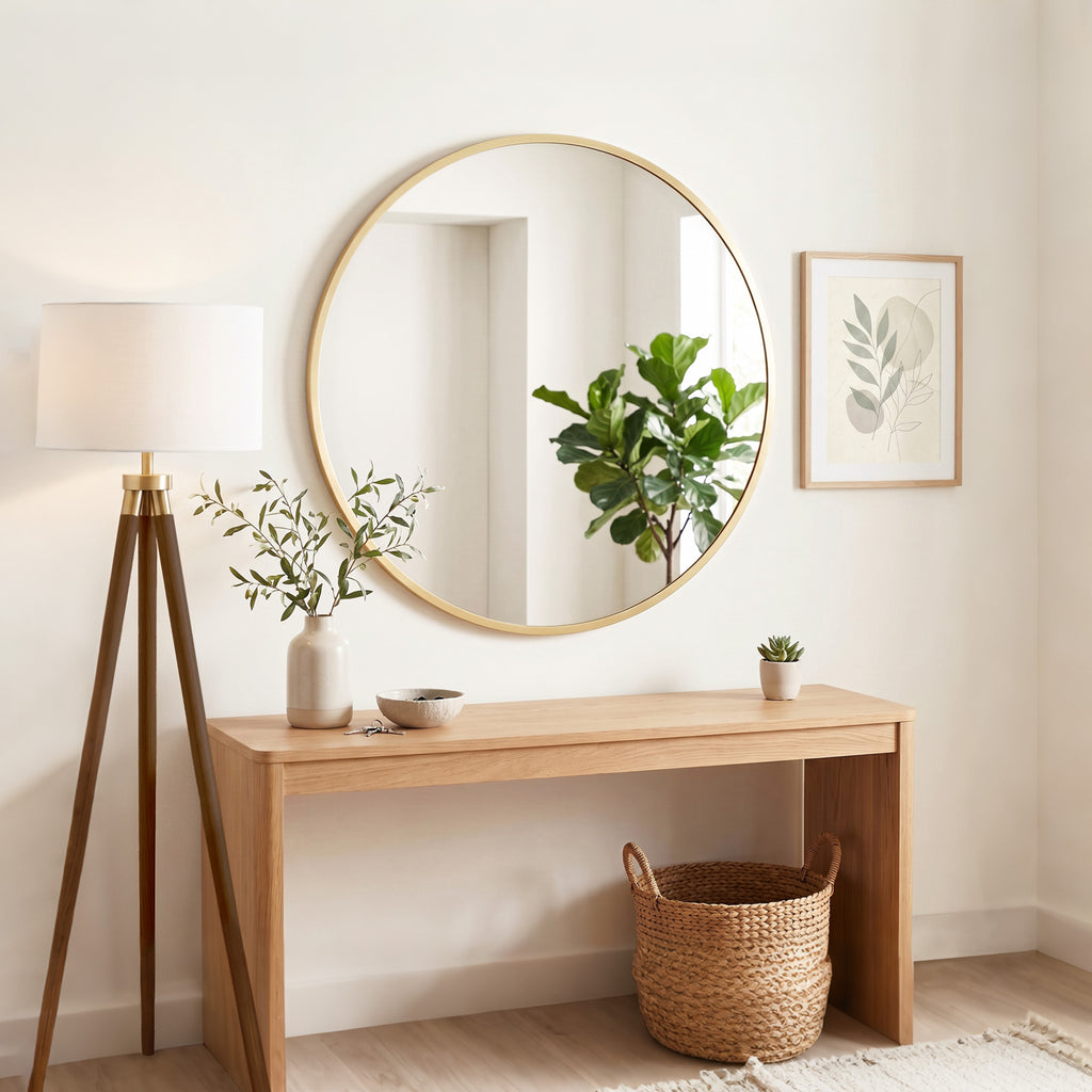 Miroir mural rond Ø 61 cm, cadre en alliage d'aluminium, pour salle de bain, chambre, salon, couloir, doré-8