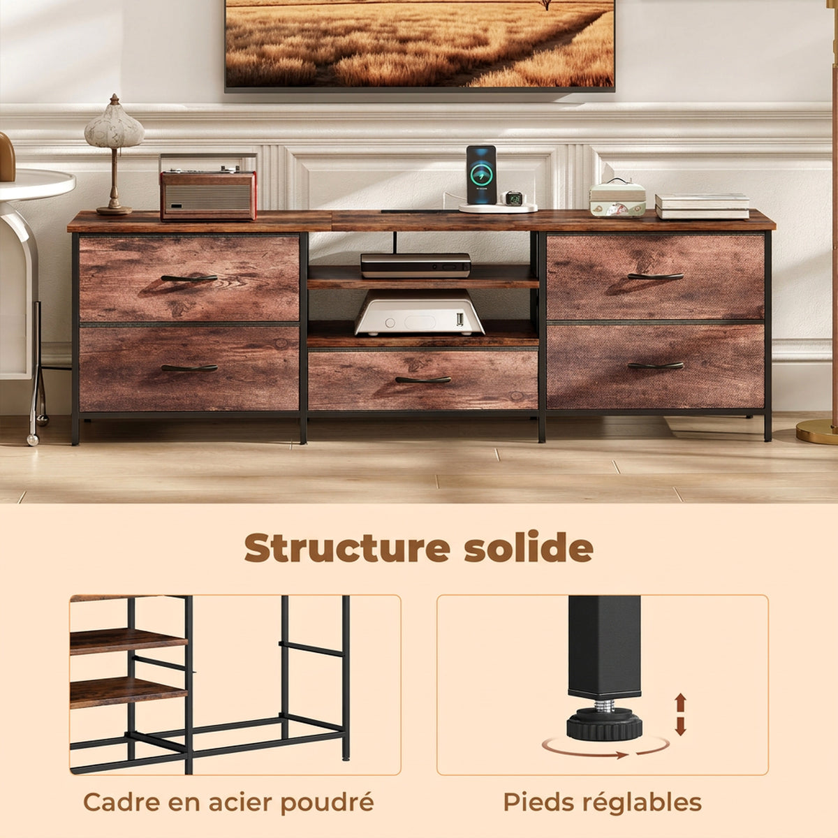 Meuble TV 160 cm, Meuble Télé 70 Pouces, Station de Charge, 5 Tiroirs en Tissu, Étagères Ouvertes, Brun Rustique-5