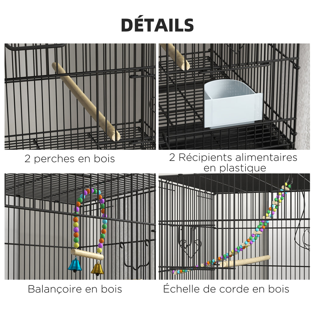 Cage à oiseaux sur pied volière double avec mangeoires perchoirs plateau amovible étagère poignée et roulettes noir-5