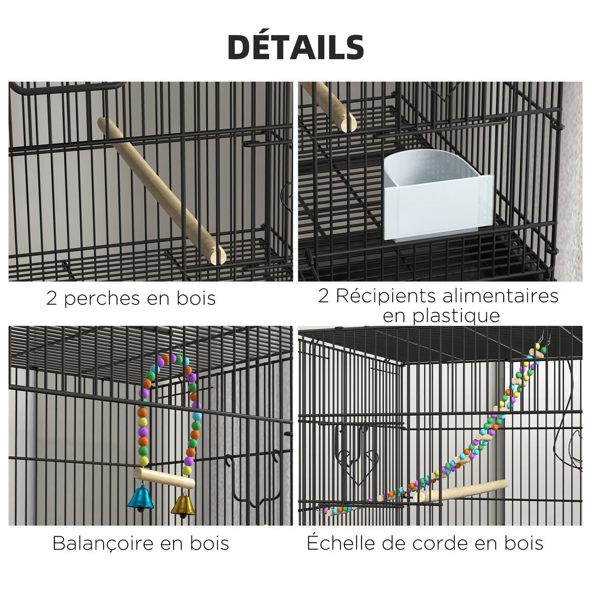 Cage à oiseaux sur pied volière double avec mangeoires perchoirs plateau amovible étagère poignée et roulettes noir-5