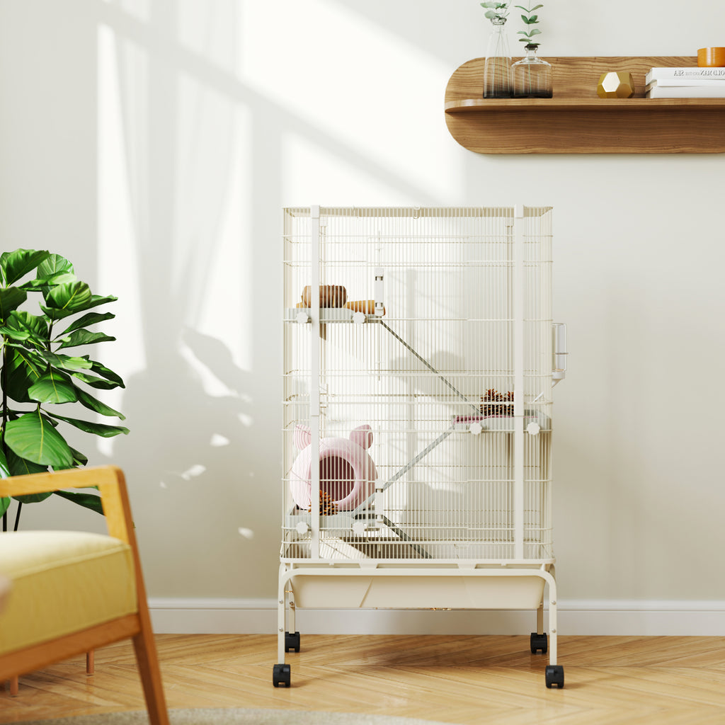 Cage pour lapin enclos à 4 niveaux avec 2 portes 3 rampes plateau profond roulettes 69 x 44 x 120 cm beige-8