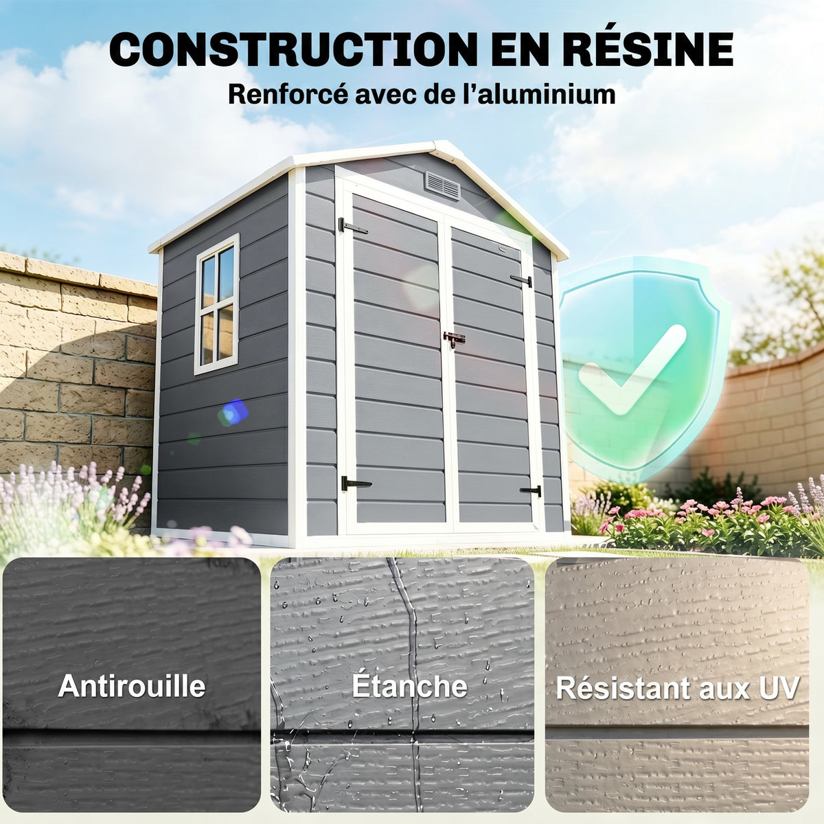 Abri de jardin cabanon en résine polypropylène 2,12 m² - 2 portes 1 fenêtre et 1 grille d'aération, toit à pignon, gris-3