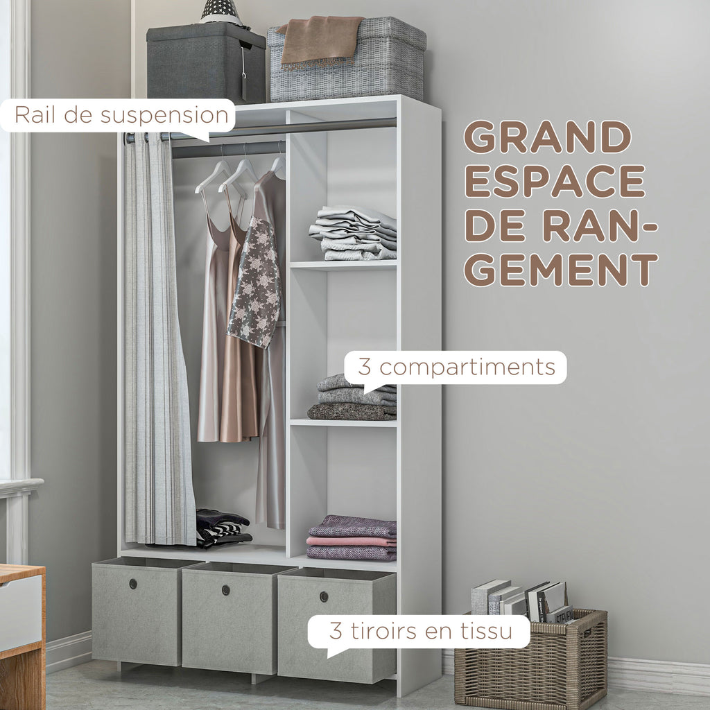 Armoire penderie armoire de rangement avec tringle rideaux 3 tiroirs en tissu amovibles 105 x 48 x 160 cm blanc-4