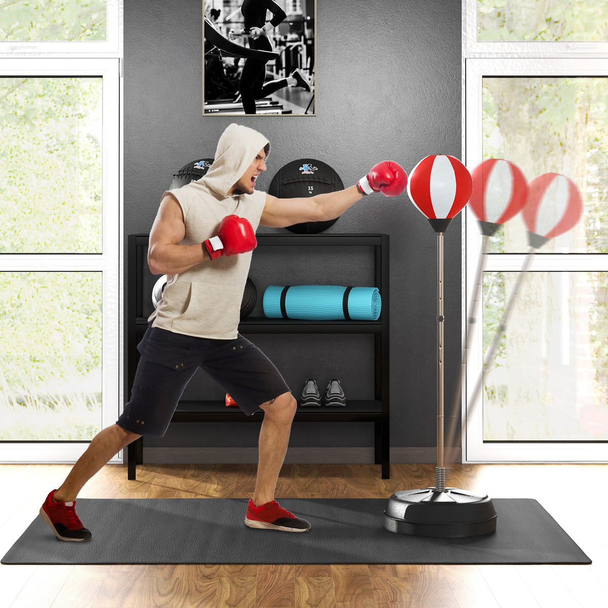 Sac de Frappe sur Pied Punching ball sur pied réglable en hauteur 126-144 cm avec gants, pompe et base de lestage-9