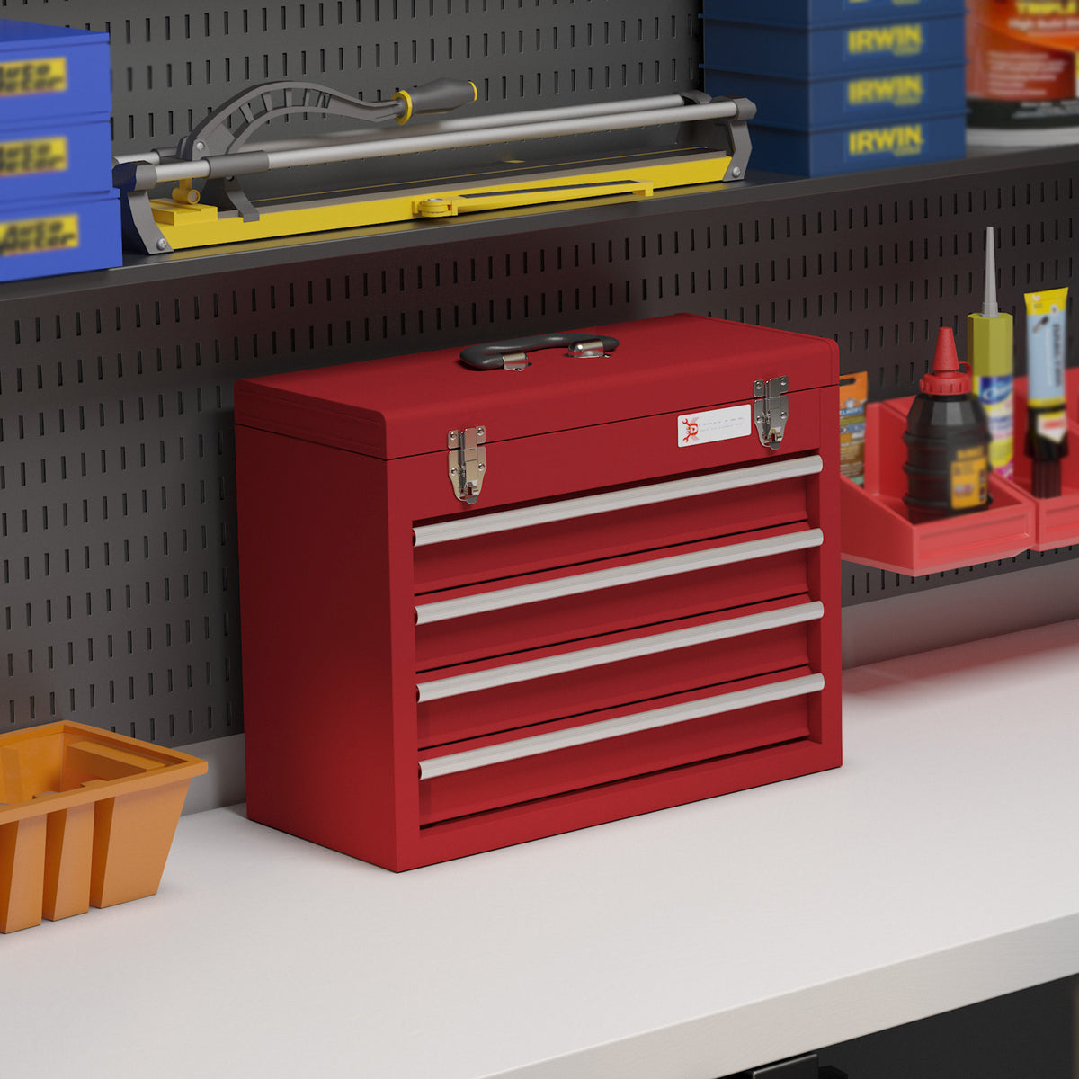 Boite à outils métallique coffret à outils caisse à outils 4 tiroirs + plateau tôle acier 51 x 22 x 39,5 cm rouge-1