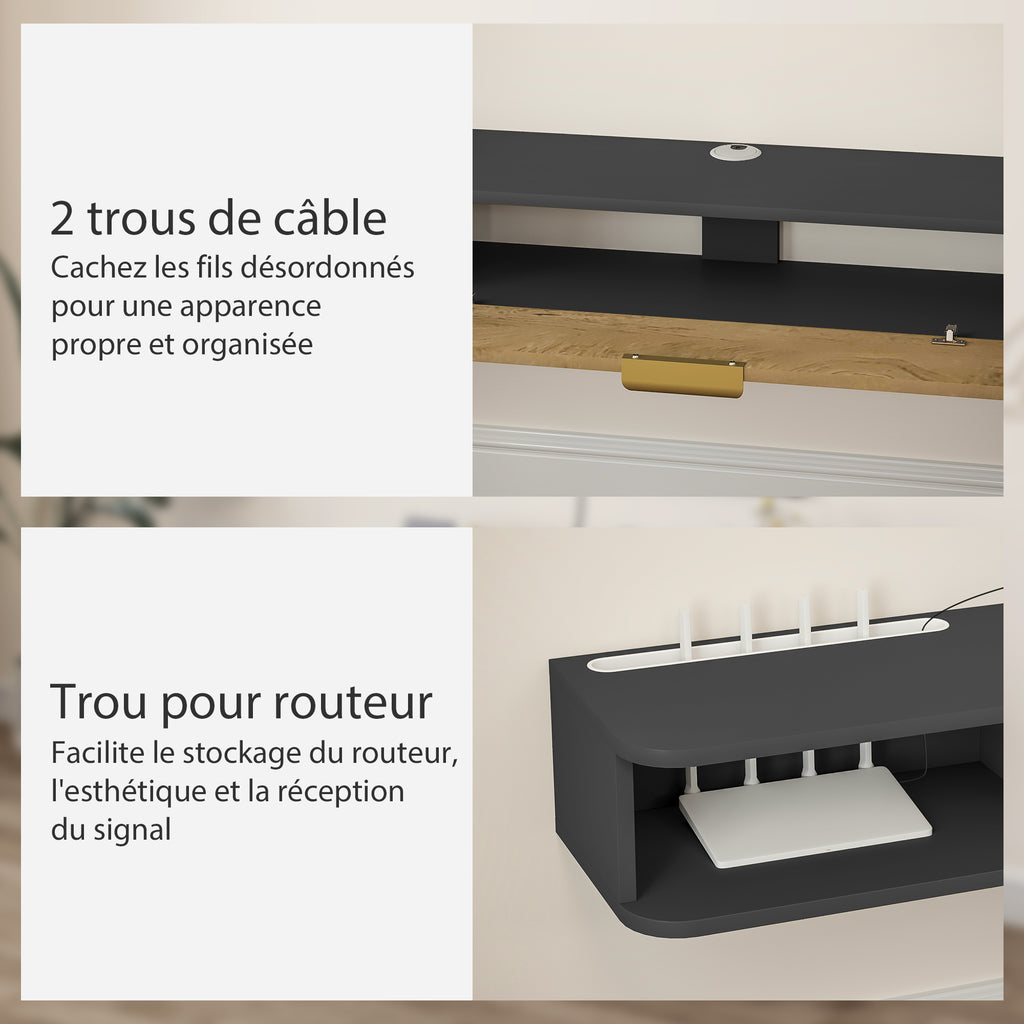 Meuble TV suspendu avec compartiments ouverts, porte rabattable et passe-câbles, 160 x 24 x 16 cm, gris-5