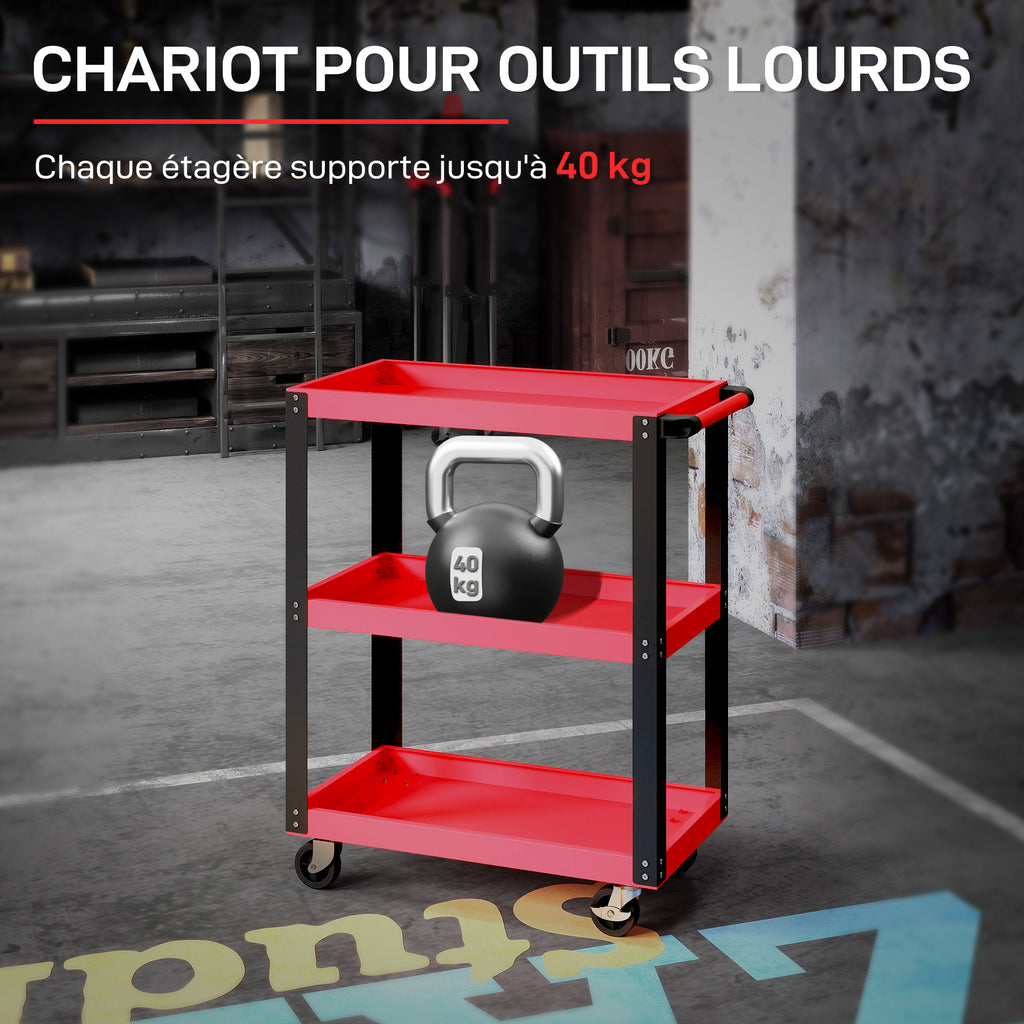 Chariot d'atelier servante atelier à 3 niveaux, poignée latérale et roulettes verrouillables, 70,5x35x82,5cm, rouge-3