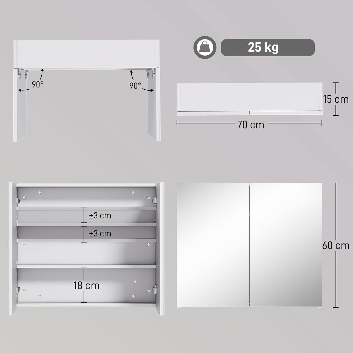 Armoire murale salle de bain avec miroir 70 x 60 cm avec étagère réglable, miroir salle de bain avec rangement, blanc-2