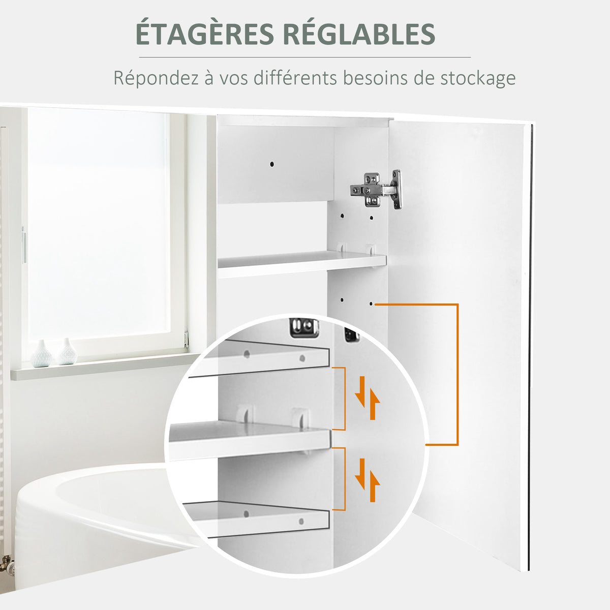 Armoire murale salle de bain avec miroir, 80 x 15 x 60 cm, meuble salle de bain, armoire de toilette avec double portes et étagères réglables, blanc-4