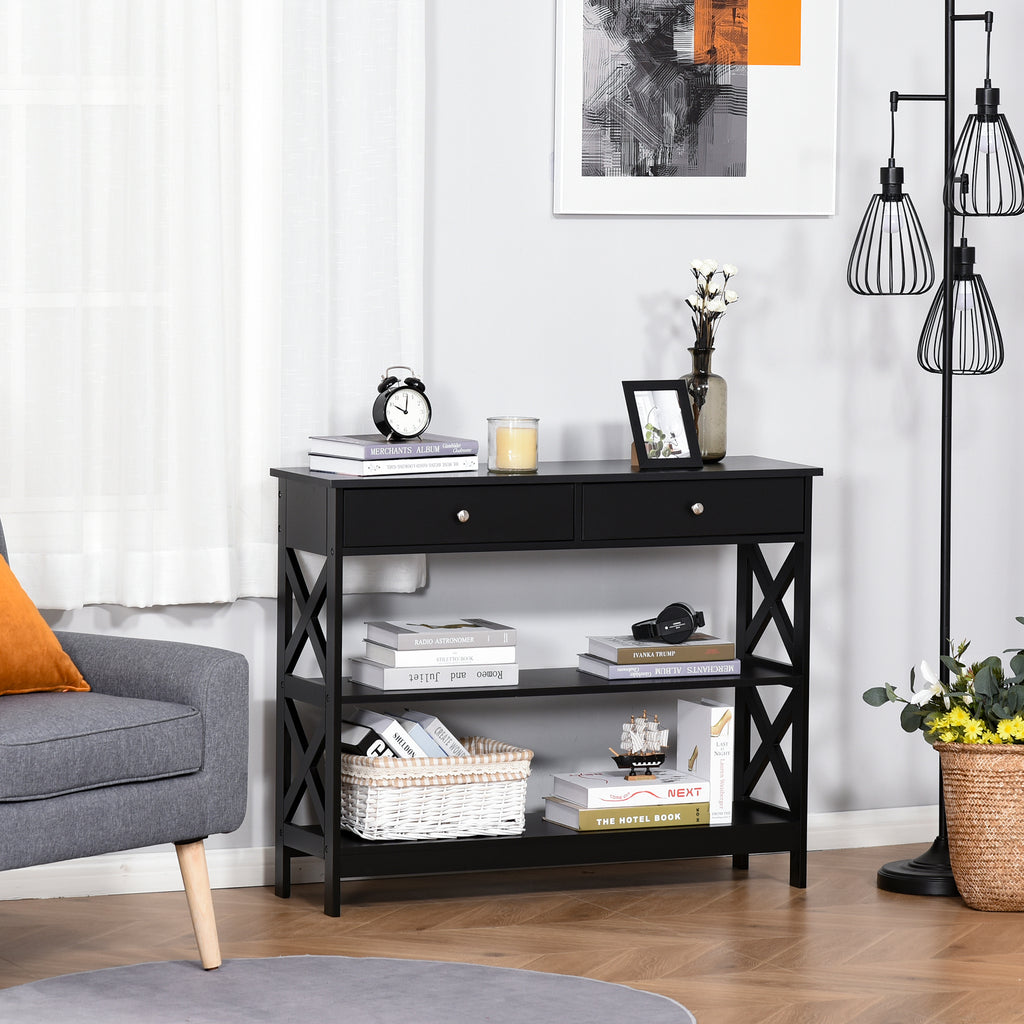 Table de console table d'entrée style table de drapier néo-rétro 2 tiroirs 2 étagères dim. 100L x 30,5l x 80H cm en bois noir-1