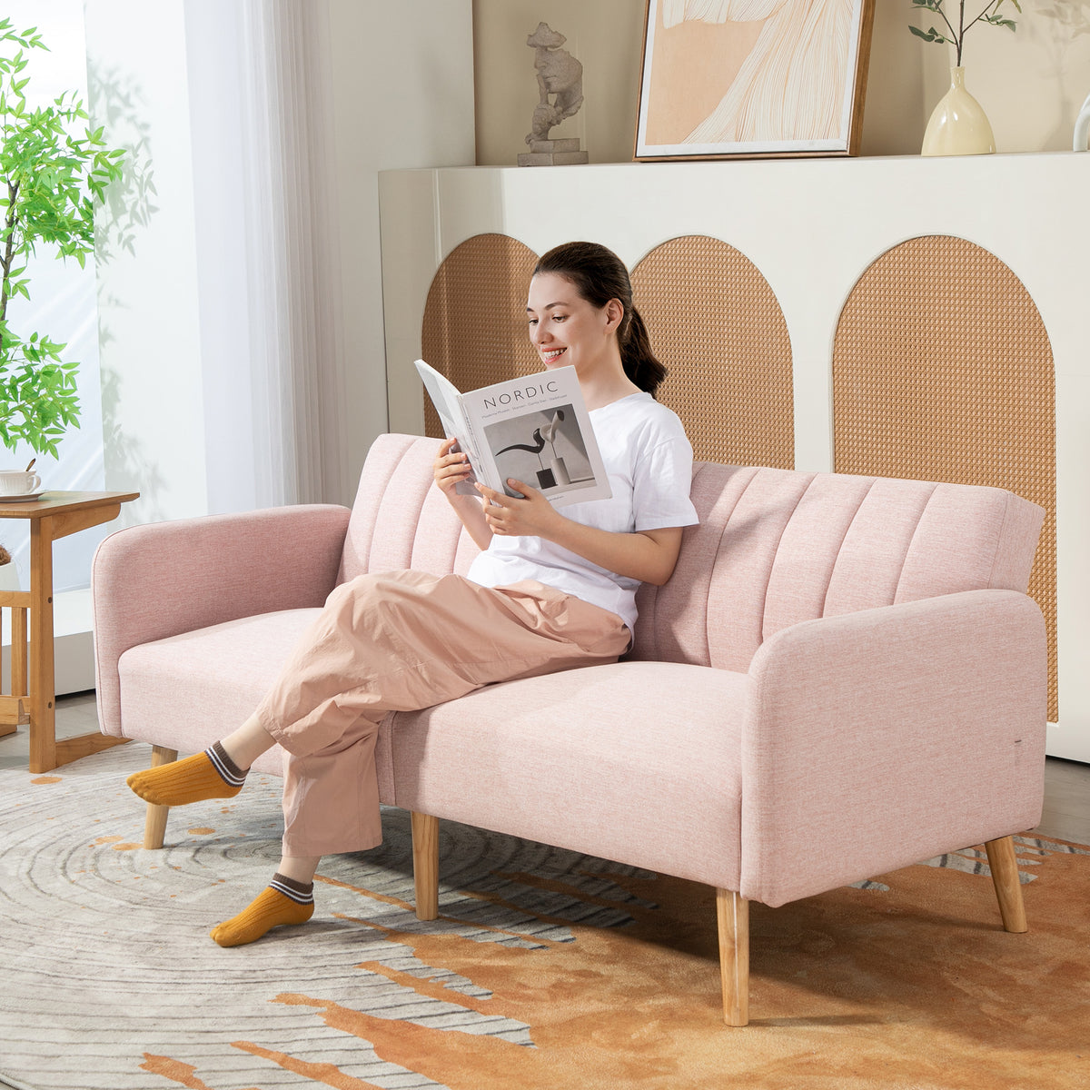 Canapé Convertible 2 Places Design scandinave Dossier inclinable 3 Positions Pieds Bois Tissu Aspect Lin Rose-9