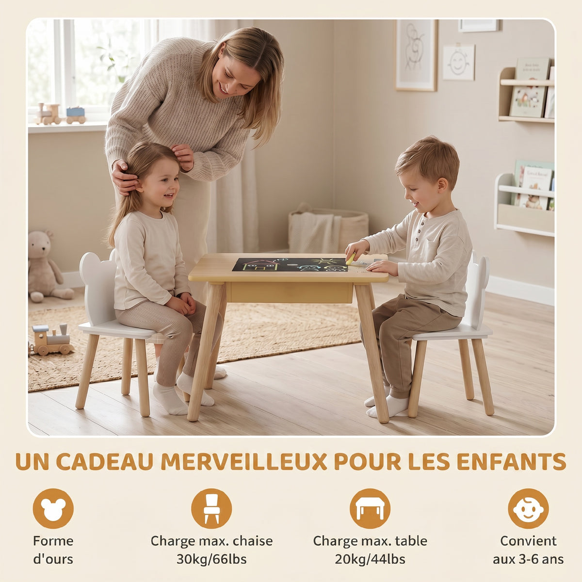 Ensemble 1 table et 2 chaise 3 pièces pour enfants avec plateau réversible espace de rangement bois naturel-4