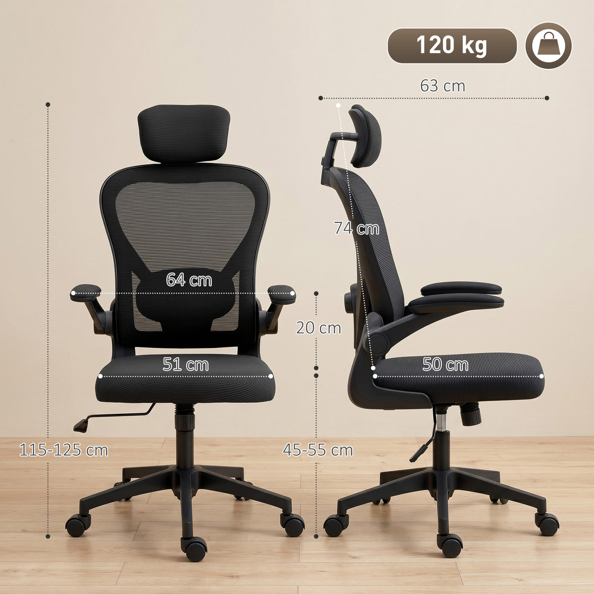 Chaise de Bureau Ergonomique, Fauteuil de Bureau en Maille avec Appui-Tête et Soutien Lombaire Réglables, Noir-2