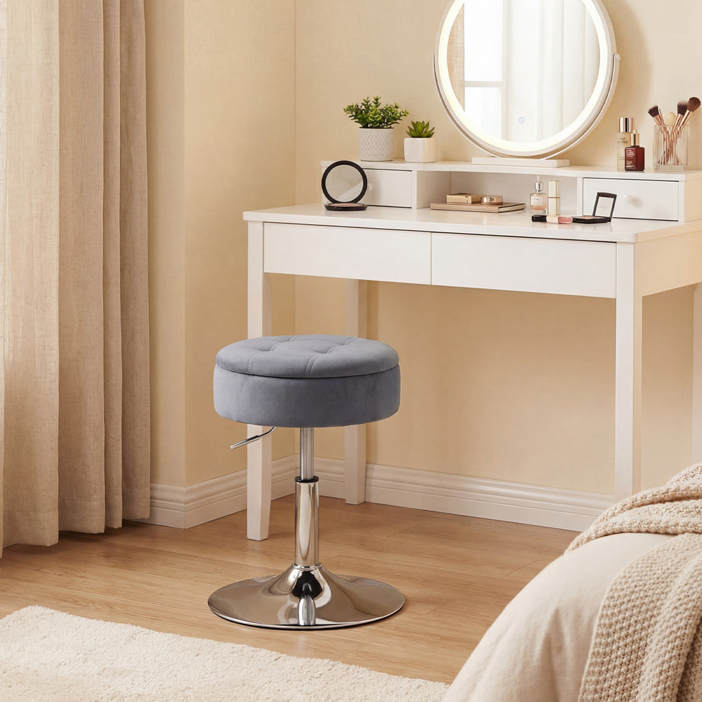 Tabouret de coiffeuse en velours, tabouret de maquillage pivotant avec rangement, hauteur réglable de 49-65 cm, gris-1