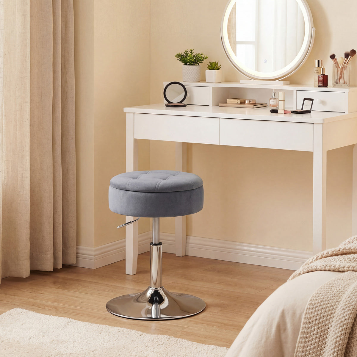 Tabouret de coiffeuse en velours, tabouret de maquillage pivotant avec rangement, hauteur réglable de 49-65 cm, gris-1