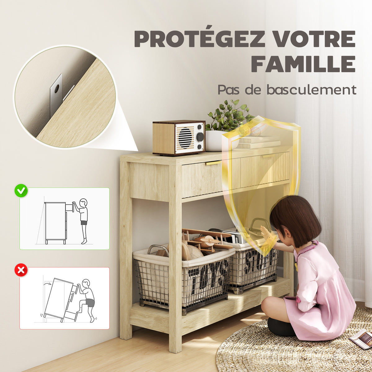 Console meuble 90 cm, table console étroite avec 2 tiroirs rainurés et étagère, style moderne, bois naturel-5
