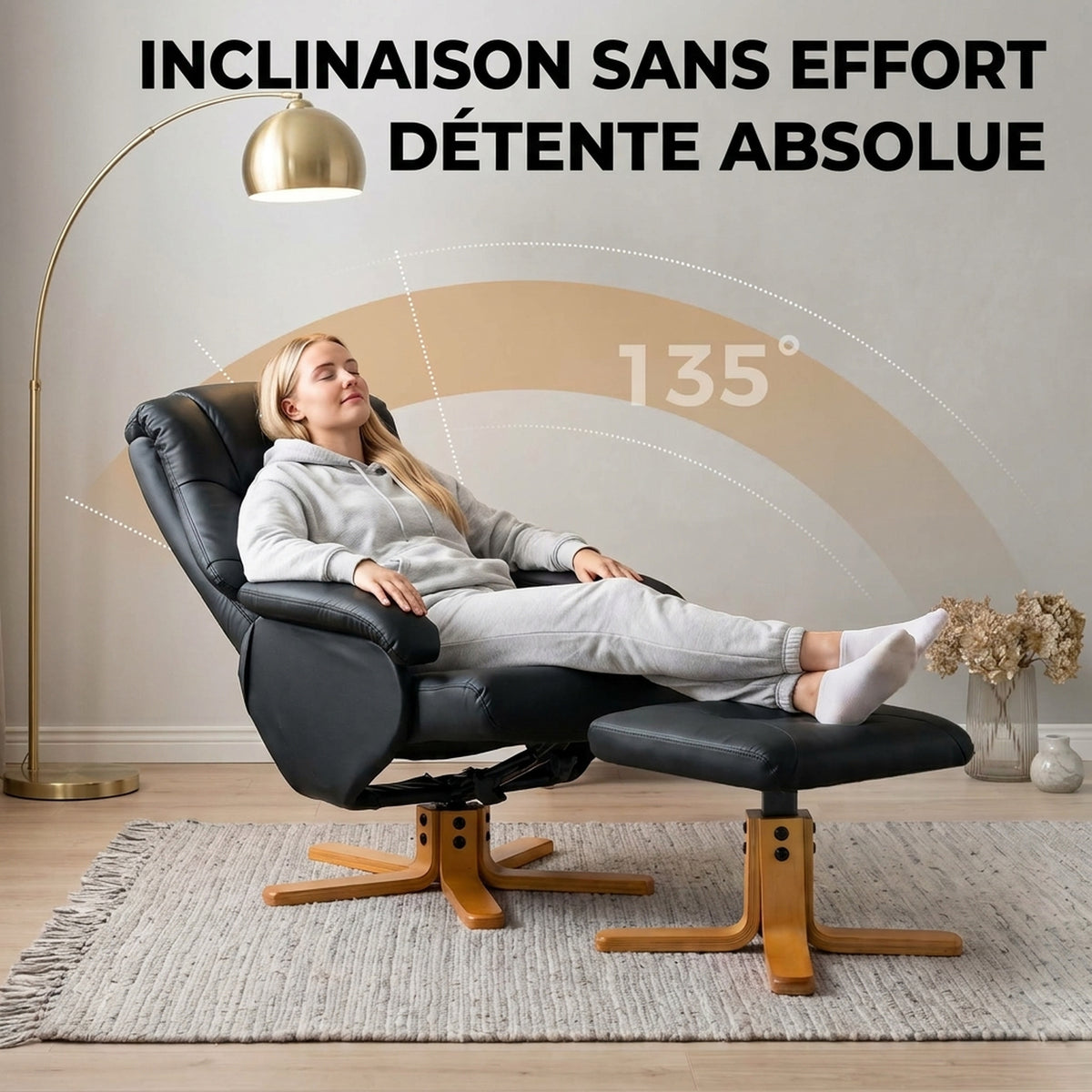 Fauteuil Relax avec Repose-Pied, Fauteuil de Relaxation Inclinable en PU, Pivotant 360°, Fonction Bascule, Noir-3