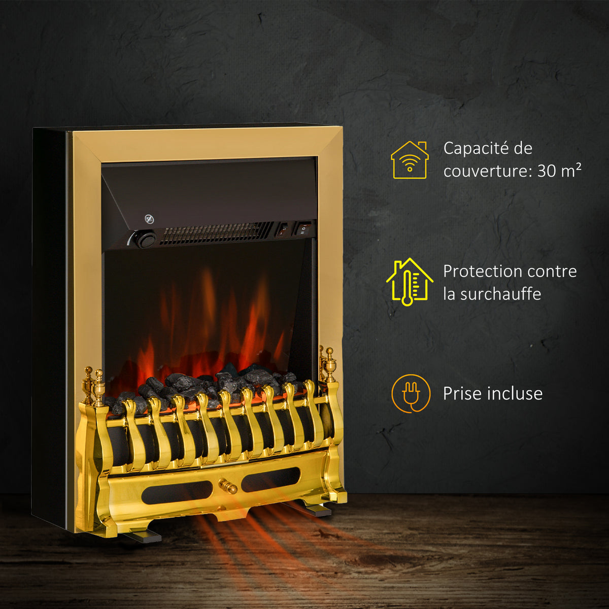 Cheminée électrique Effet de Flamme Style néo rétro Thermostat 1000-2000 W Noir Or-4