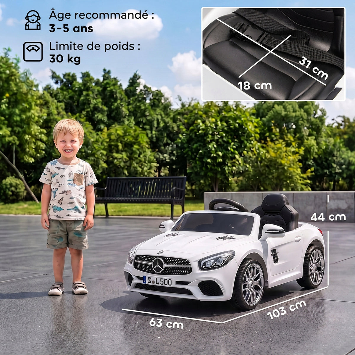 Voiture Électrique Enfants 12V Mercedes-Benz SL500, 3-5 km/h, 2 Moteurs, Télécommande 2,4G, pour 3-5 Ans, Blanc-2