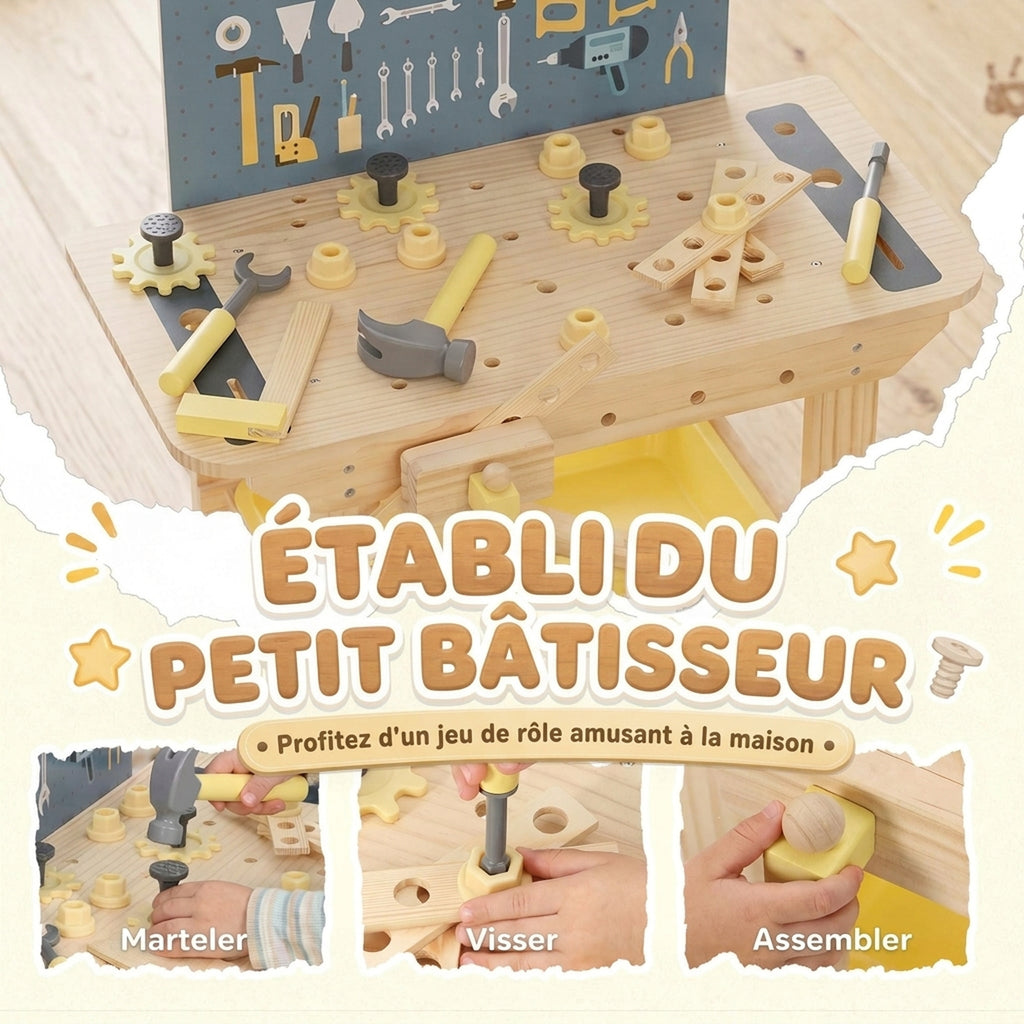 Établi en Bois pour Enfants avec 28 Accessoires, Boîte de Rangement, Établi d'Imitation dès 3 à 8 Ans, Naturel-3