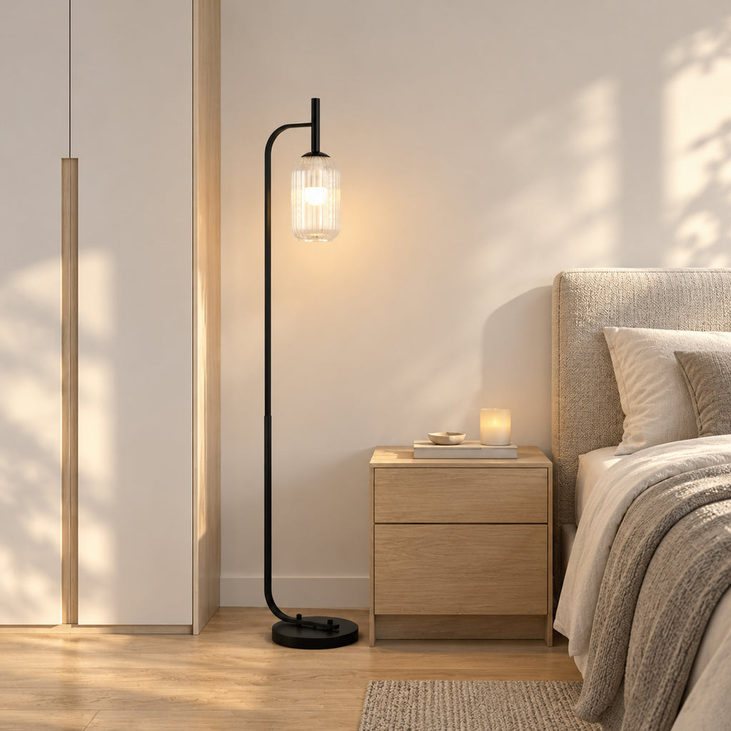 Lampadaire sur pied salon lampe sur pied avec abat-jour en verre texturé interrupteur à pied 29 x 25 x 152 cm métal noir-8