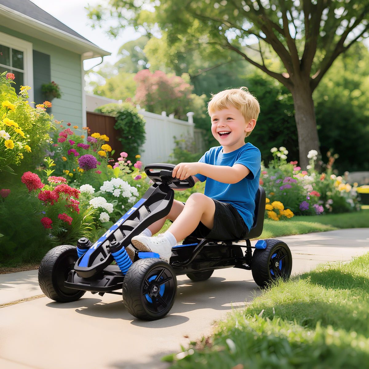 Kart à pédales pour enfants, karting enfant 3 à 6 ans avec roue libre, frein, roues EVA antidérapantes, bleu-1
