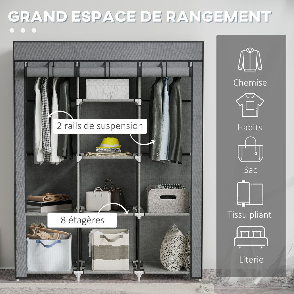 Armoire penderie multi-rangement - 8 étagères, 2 barres - non tissé gris-3